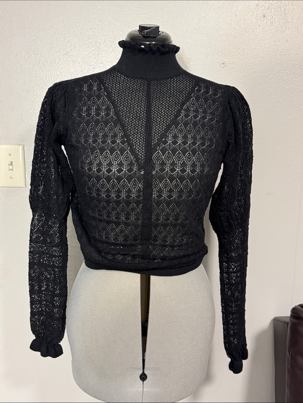 Zara Black Lace Knit Mock Ruffle Neck Long Sleeve Top